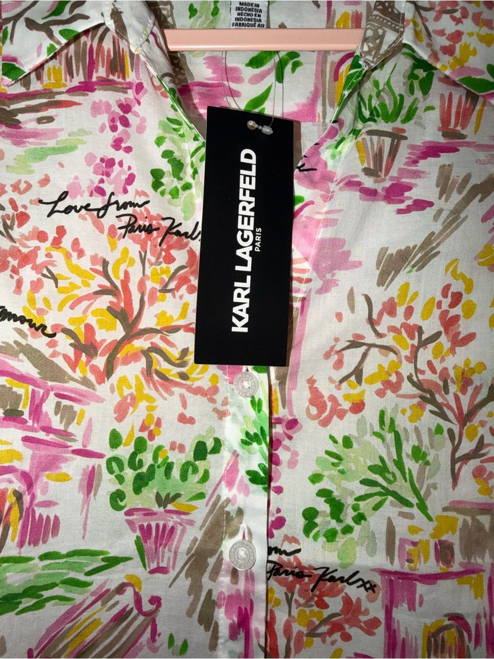 Karl Lagerfeld Pink Floral Paris-Print Button-Up Shirt NWT - Picture 5 of 7